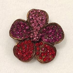 Vintage Copper Tone Flower Brooch Pin in Pink Magenta and Red Rhinestones